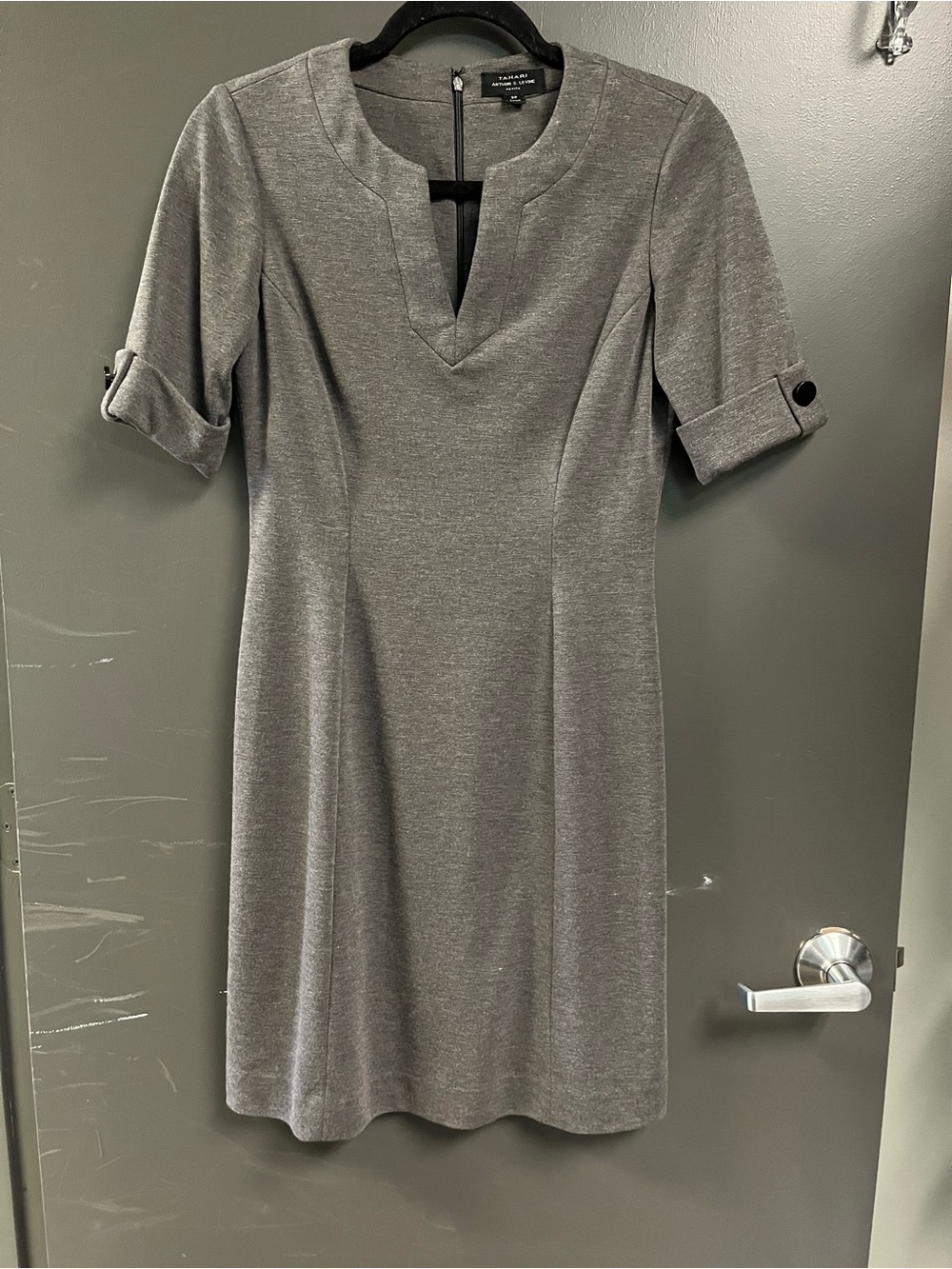 Tahari Gray Midi Dress with Notch Neckline